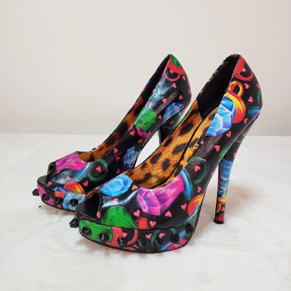 Iron Fist Shoes - Vintage Y2k Iron Fist Scene Kidcore Whimsigoth Studded Heels 6 Black Peep Toe